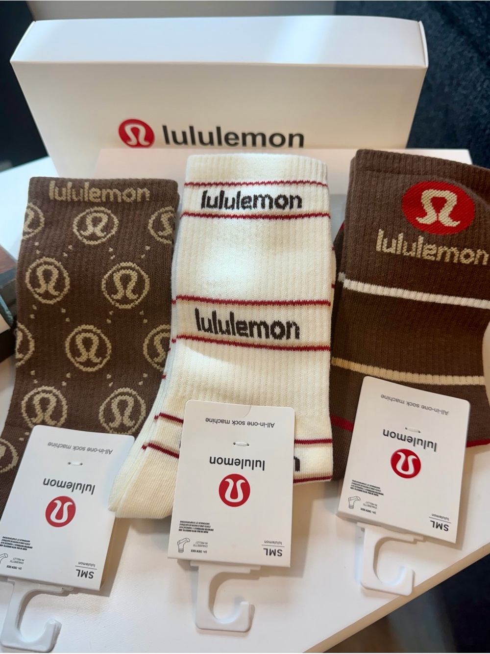 LULULEMON Brown & Cream Striped Logo Crew Socks Pack Set of 3